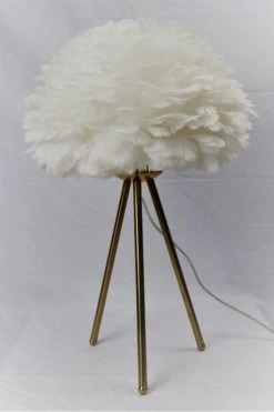 The Home Collection Brushed Brass Tripod Lamp With White Feather Shade