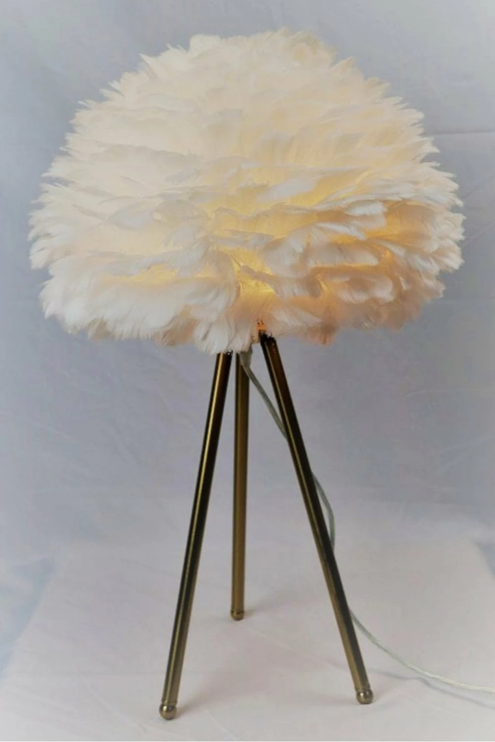 The Home Collection Brushed Brass Tripod Lamp With White Feather Shade 4 The Home Collection Brushed Brass Tripod Lamp With White Feather Shade